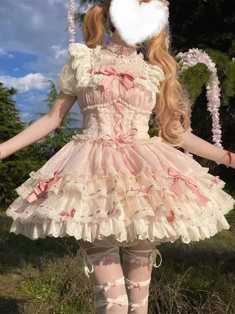 Rosa ligeroVestido Hime Lolita rosa con lazo de encaje dulce de poliéster vestido corto Lolita con vestido