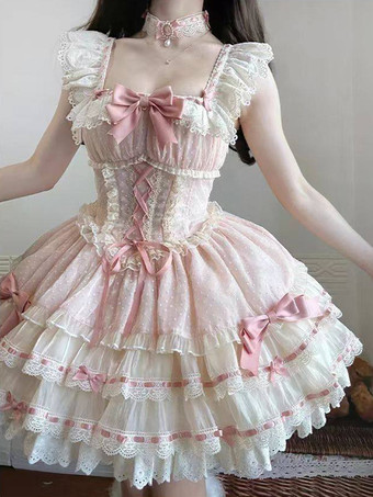 Vestido Hime Lolita rosa con lazo de encaje dulce de poliéster vestido corto Lolita con vestido