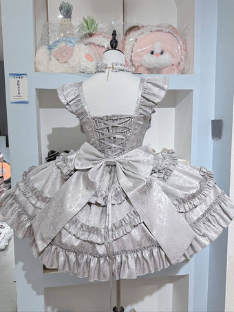 Argento Abito Lolita rosso Hime con schiena dolce fascia in pizzo volant e fiocco abiti Lolita corti