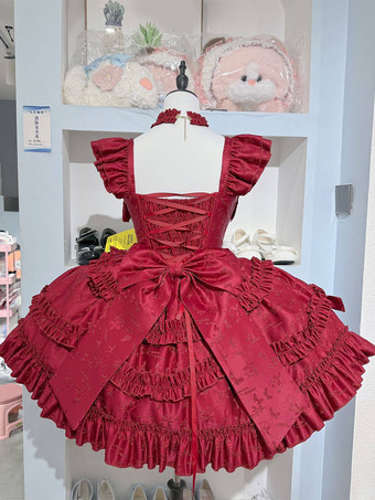 Abito Lolita rosso Hime con schiena dolce fascia in pizzo volant e fiocco abiti Lolita corti