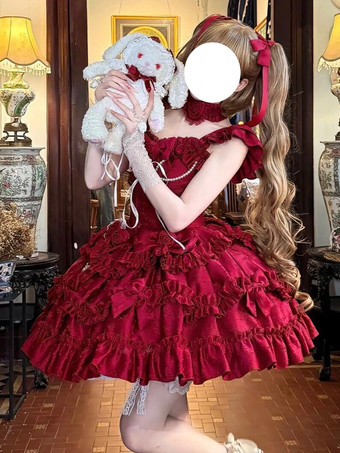 Abito Lolita rosso Hime con schiena dolce fascia in pizzo volant e fiocco abiti Lolita corti