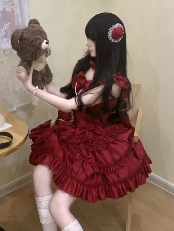 Abito Lolita rosso Hime con schiena dolce fascia in pizzo volant e fiocco abiti Lolita corti