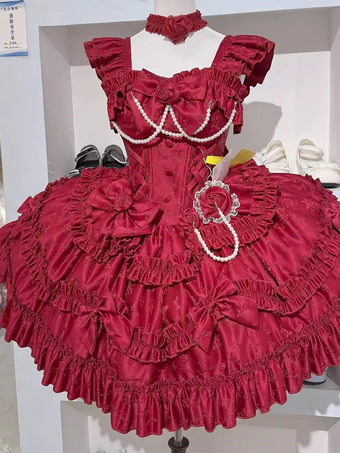 Abito Lolita rosso Hime con schiena dolce fascia in pizzo volant e fiocco abiti Lolita corti