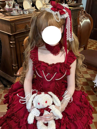 Abito Lolita rosso Hime con schiena dolce fascia in pizzo volant e fiocco abiti Lolita corti