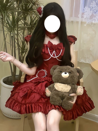 Abito Lolita rosso Hime con schiena dolce fascia in pizzo volant e fiocco abiti Lolita corti