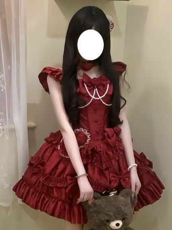 Abito Lolita rosso Hime con schiena dolce fascia in pizzo volant e fiocco abiti Lolita corti