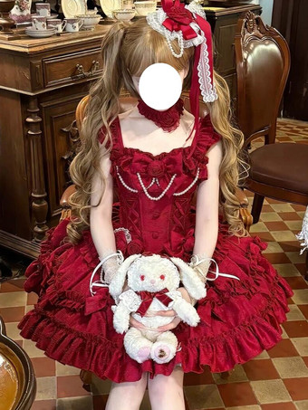 Abito Lolita rosso Hime con schiena dolce fascia in pizzo volant e fiocco abiti Lolita corti