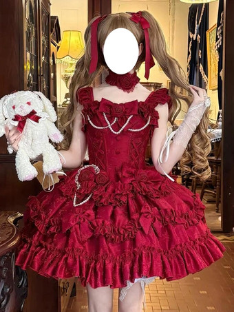 Rosso Abito Lolita rosso Hime con schiena dolce fascia in pizzo volant e fiocco abiti Lolita corti