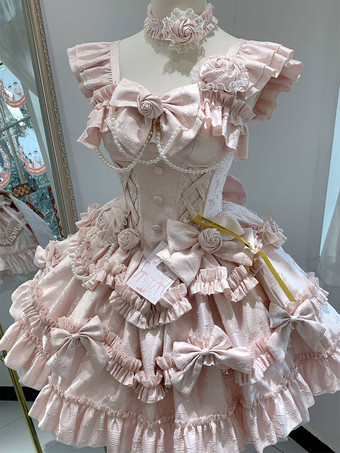 RosaAbito Lolita rosso Hime con schiena dolce fascia in pizzo volant e fiocco abiti Lolita corti