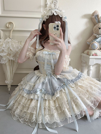 姫ロリータドレス スイートレースフリルバンデージバックボウショートショートロリータドレス