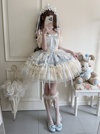 姫ロリータドレス スイートレースフリルバンデージバックボウショートショートロリータドレス