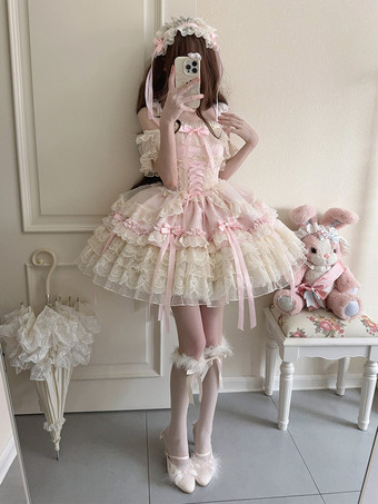 姫ロリータドレス スイートレースフリルバンデージバックボウショートショートロリータドレス