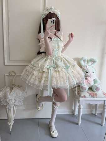 姫ロリータドレス スイートレースフリルバンデージバックボウショートショートロリータドレス