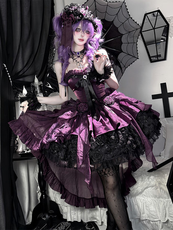 ゴシックロリータドレス 赤 黒 スイートハート ストラップレス フリル リボン ショートロリータドレス