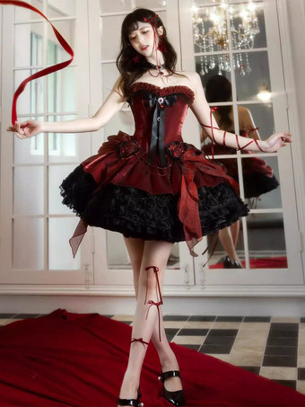 ゴシックロリータドレス 赤 黒 スイートハート ストラップレス フリル リボン ショートロリータドレス