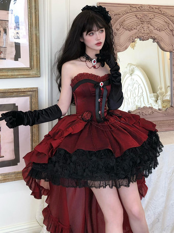 ゴシックロリータドレス 赤 黒 スイートハート ストラップレス フリル リボン ショートロリータドレス