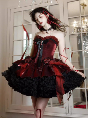 ゴシックロリータドレス 赤 黒 スイートハート ストラップレス フリル リボン ショートロリータドレス
