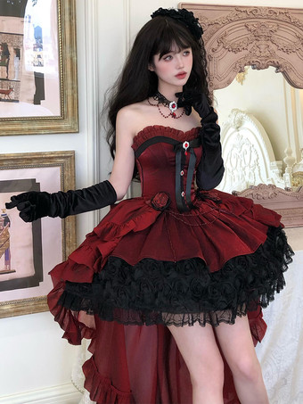 ゴシックロリータドレス 赤 黒 スイートハート ストラップレス フリル リボン ショートロリータドレス