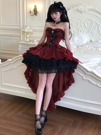 ゴシックロリータドレス 赤 黒 スイートハート ストラップレス フリル リボン ショートロリータドレス