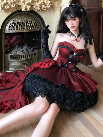 ゴシックロリータドレス 赤 黒 スイートハート ストラップレス フリル リボン ショートロリータドレス