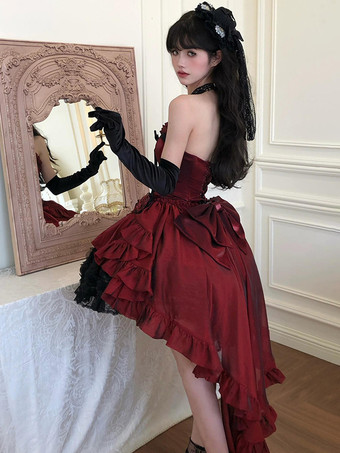 ゴシックロリータドレス 赤 黒 スイートハート ストラップレス フリル リボン ショートロリータドレス