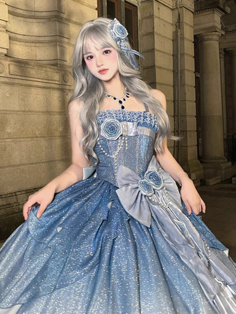 ブルー フェアリーロリータドレス ブルー キラキラフラワー リボン ロングロリータドレス