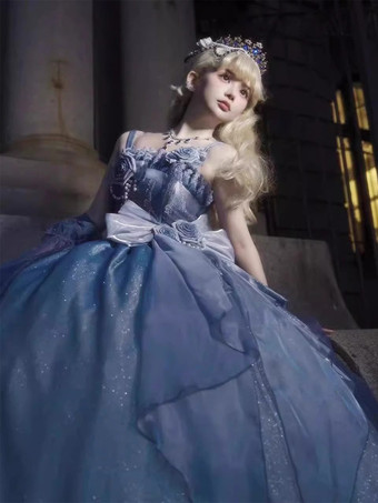 フェアリーロリータドレス ブルー キラキラフラワー リボン ロングロリータドレス