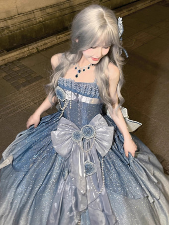 フェアリーロリータドレス ブルー キラキラフラワー リボン ロングロリータドレス