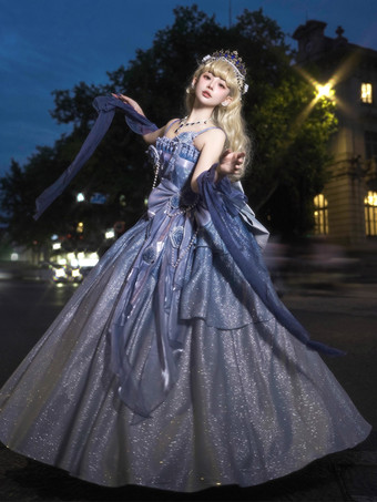 フェアリーロリータドレス ブルー キラキラフラワー リボン ロングロリータドレス