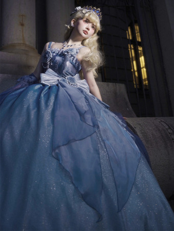 フェアリーロリータドレス ブルー キラキラフラワー リボン ロングロリータドレス