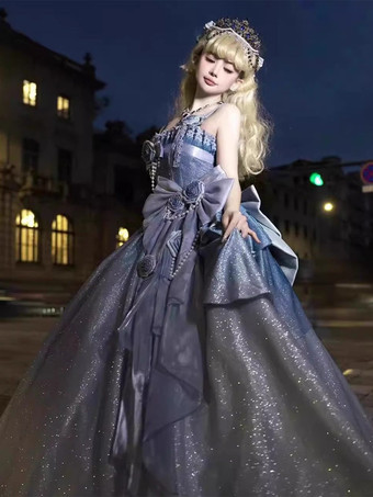 フェアリーロリータドレス ブルー キラキラフラワー リボン ロングロリータドレス