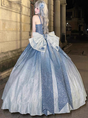 フェアリーロリータドレス ブルー キラキラフラワー リボン ロングロリータドレス