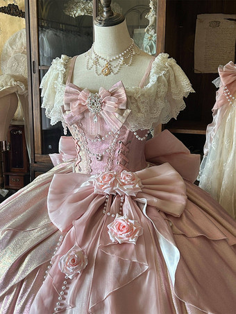 妖精のロリータドレス ピンクのボールガウン ビーズの花 バックリボン レースバンデージ レーススリーブ ロリータドレス