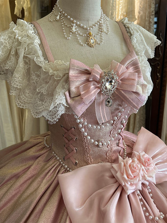 妖精のロリータドレス ピンクのボールガウン ビーズの花 バックリボン レースバンデージ レーススリーブ ロリータドレス