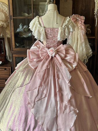 妖精のロリータドレス ピンクのボールガウン ビーズの花 バックリボン レースバンデージ レーススリーブ ロリータドレス