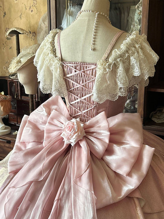 妖精のロリータドレス ピンクのボールガウン ビーズの花 バックリボン レースバンデージ レーススリーブ ロリータドレス