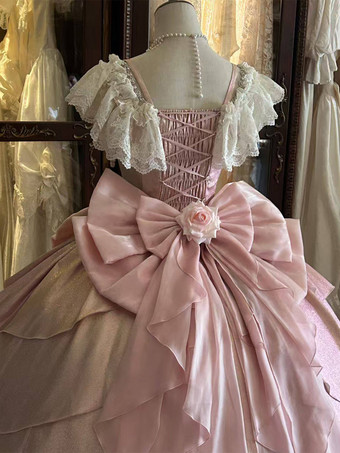 妖精のロリータドレス ピンクのボールガウン ビーズの花 バックリボン レースバンデージ レーススリーブ ロリータドレス