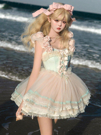 RosaAbiti da fata Lolita abito con fiori rosa e volant in tulle abito corto dolce Lolita