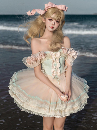 Abiti da fata Lolita abito con fiori rosa e volant in tulle abito corto dolce Lolita