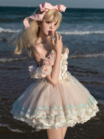 Abiti da fata Lolita abito con fiori rosa e volant in tulle abito corto dolce Lolita