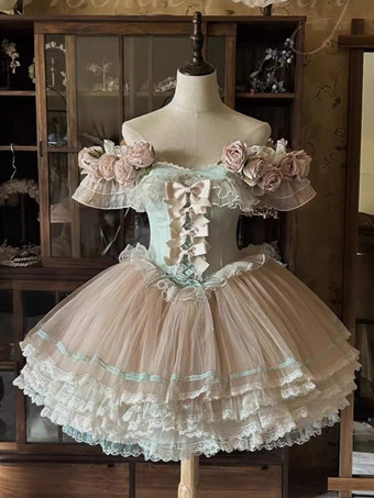 Abiti da fata Lolita abito con fiori rosa e volant in tulle abito corto dolce Lolita