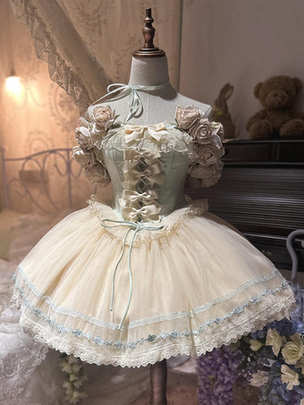 Abiti da fata Lolita abito con fiori rosa e volant in tulle abito corto dolce Lolita
