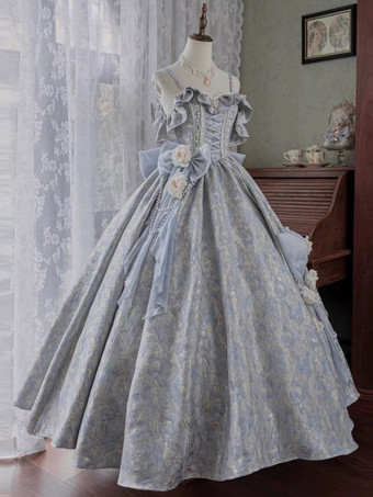 ライトスカイブルーフェアリーロリータドレス ライトスカイブルー 花柄スパゲッティ オフショルダー ロングロリータドレス