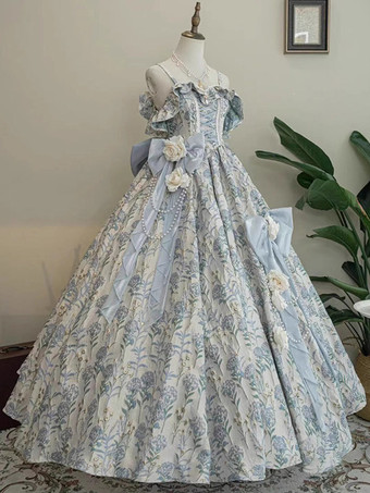 フェアリーロリータドレス ライトスカイブルー 花柄スパゲッティ オフショルダー ロングロリータドレス