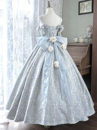 フェアリーロリータドレス ライトスカイブルー 花柄スパゲッティ オフショルダー ロングロリータドレス