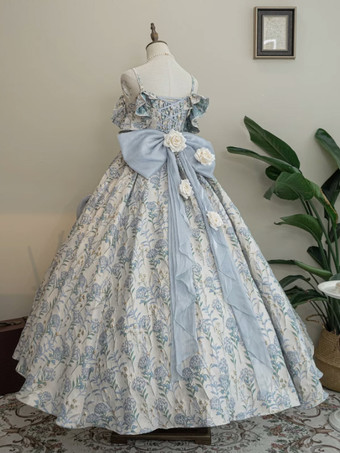 フェアリーロリータドレス ライトスカイブルー 花柄スパゲッティ オフショルダー ロングロリータドレス