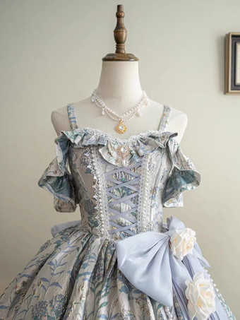 フェアリーロリータドレス ライトスカイブルー 花柄スパゲッティ オフショルダー ロングロリータドレス