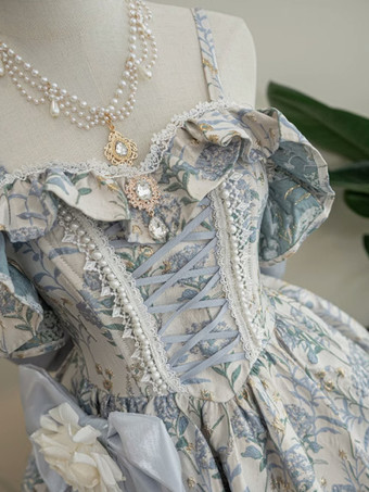 フェアリーロリータドレス ライトスカイブルー 花柄スパゲッティ オフショルダー ロングロリータドレス