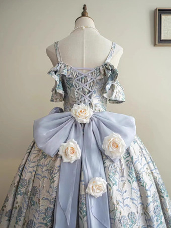フェアリーロリータドレス ライトスカイブルー 花柄スパゲッティ オフショルダー ロングロリータドレス
