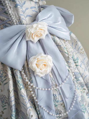 フェアリーロリータドレス ライトスカイブルー 花柄スパゲッティ オフショルダー ロングロリータドレス